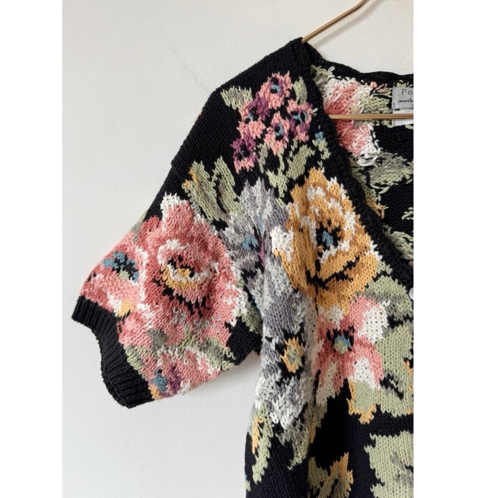 Portraits Vintage Black Cottage Floral Hand Knitted Cardigan Sweater PM - Picture 2 of 7